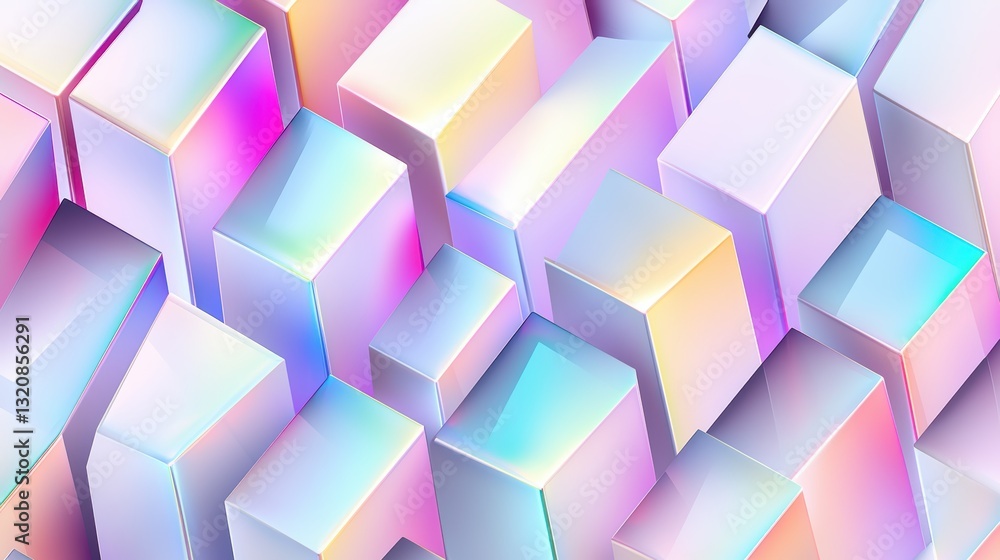 Poster seamless tessellated holographic floating cubes forming an impossible geometry, futuristic 3d illusi