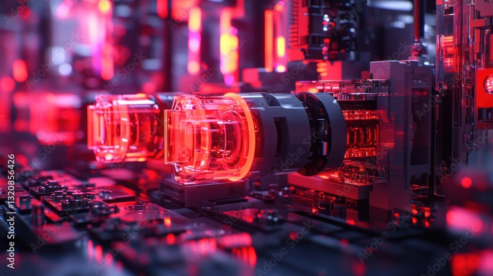 Poster intricate, glowing circuit components. close-up view of advanced technology