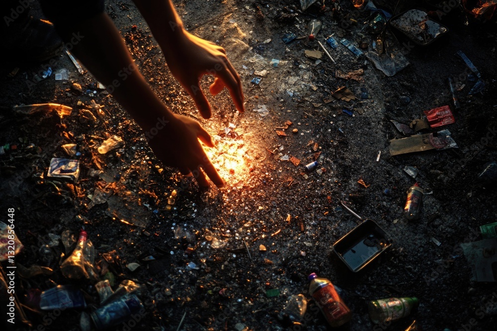 Poster a person lights a sparkler on the ground, creating a warm glow