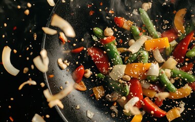 Exploding stir-fry with vegetables suspended in the air, rich colors, steam, and motion, intense culinary action shot
