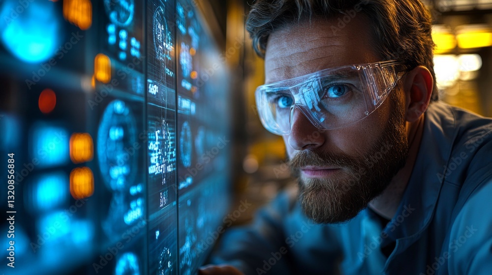 Aufkleber Engineers are focused on analyzing real-time data on a digital display in a petrochemical refinery. The setting showcases advanced automation technology essential for efficient processing.