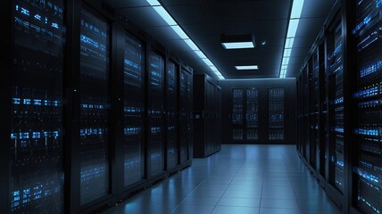 Fototapeta premium A Digital Heart Beating In The Dark, A Silent Symphony Of Data Humming In Cool Blue Light, A Server Rooms Mysterious Glow