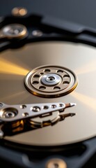 Close-Up of Hard Drive Mechanism with Reflective Surface and Lights