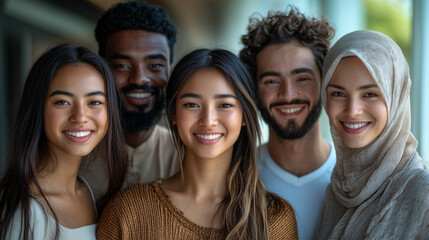 Fototapeta premium Diverse Multiracial Team in Office, Smiling Confident Individuals, Symbolizing Positivity and Unity