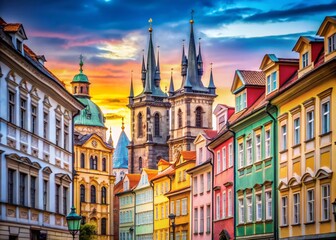 Fototapeta premium Colorful Prague Old Town Facades, Clock Tower & Steeples - Architectural Stock Photo