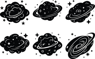 Black & White Space Galaxy Icons: Vector Set of Planets, Stars, Nebulae, Cosmic Elements, Celestial Illustration, Graphic Design Assets