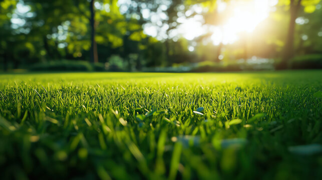 Fresh green grass. Lush green lawn under bright sunlight