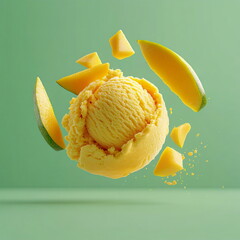 Mango sorbet with fresh mango pieces on a vibrant green background