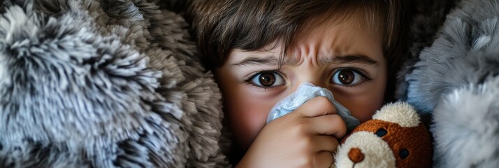 Close-Up of Sick Child Blowing Nose and Coughing at Home