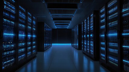 Fototapeta premium A Digital Heart Beating With Vibrant Blue Light In A Silent Server Room, A Network Of Endless Possibilities Humming Softly In The Dark