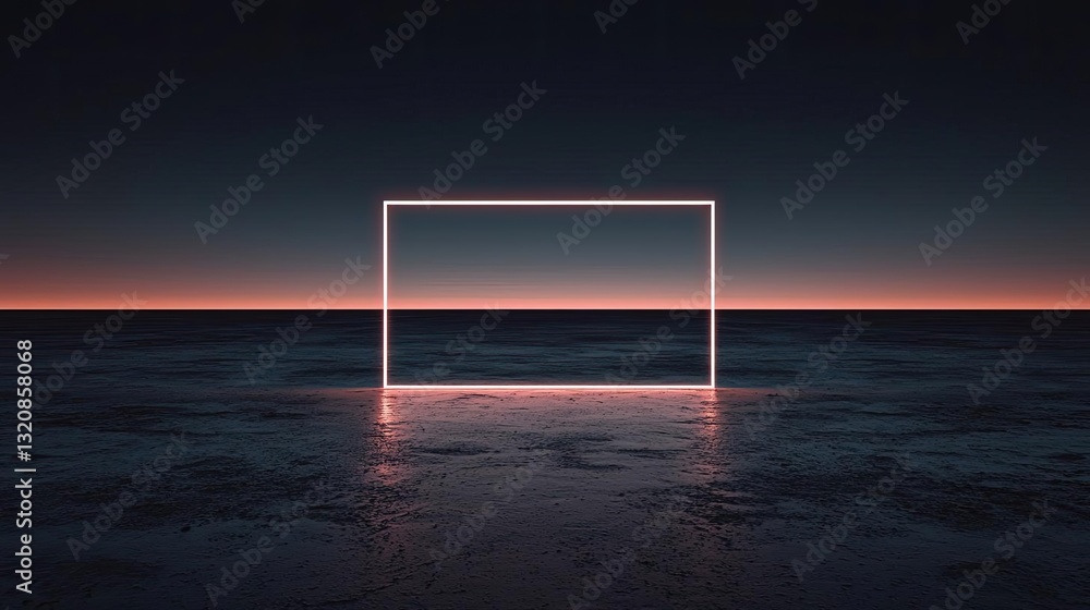 Poster Abstract art background concept. Abstract neon frame reflecting on water at dusk, creating a serene and modern atmosphere.