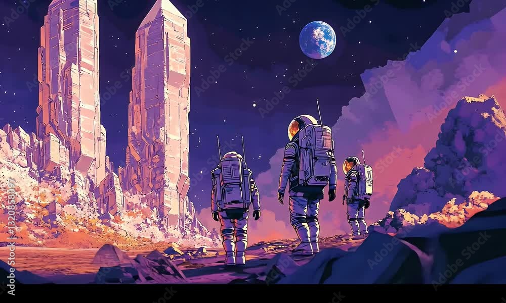 Poster astronauts explore alien structures