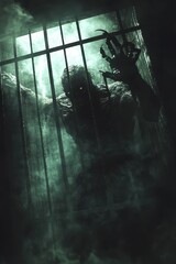 Obraz premium Intense gaze of a massive caged demon, a bound spirit glaring with fierce determination and untamed power.
