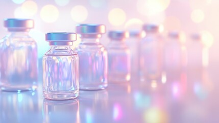Glass Vials with Clear Liquid Illuminated by Pastel Lights Medical or Pharmaceutical Concept