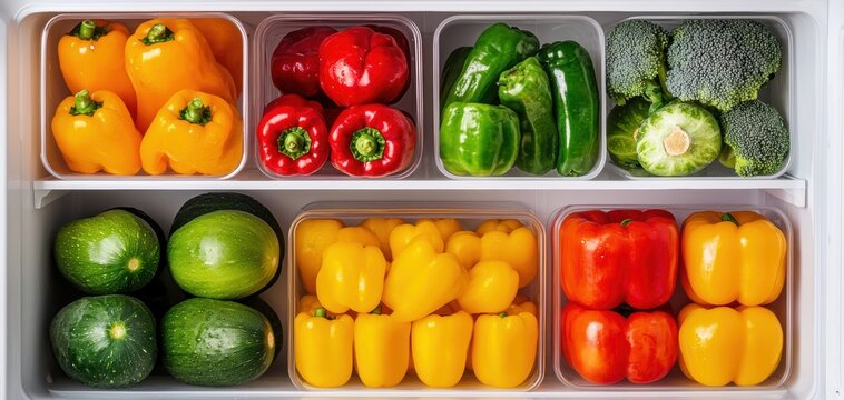 Minimalist fridge arrangement with fresh vegetables in transparent boxes, ideal for diet planning, meal prep, and a healthy lifestyle