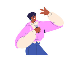 Happy singer performing with microphone. Smiling black woman posing with mic in hand. Young African girl singing. Karaoke artist holding mike. Flat vector illustration isolated on white background