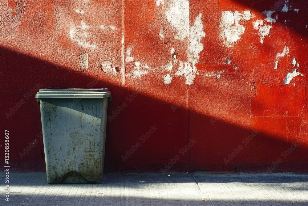 Aufkleber a trash can placed in front of a bright red wall, suitable for use in interior design or urban theme