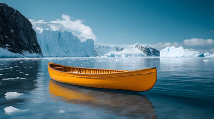 A traditional Inuit kayak resting on the icy shoreline of a Greenland fjord, with towering icebergs and cold blue waters stretching into the horizon.