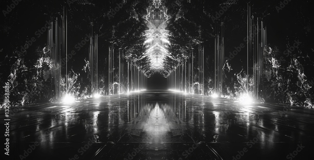 Aufkleber an empty dark room with blue lights serves as the backdrop for a futuristic tunnel that resembles a 