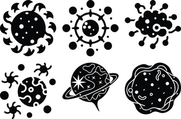 Black and White Vector Illustrations of Various Celestial Bodies and Abstract Organic Shapes in a Flat Design Style