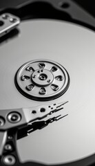Close-Up of Hard Drive Mechanism with Reflective Surface and Lights