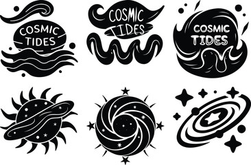 Cosmic Tides Logo Designs: Black and White Celestial Vector Art, Space, Stars, Galaxy, Waves, Astronomy, Graphic Illustration Templates