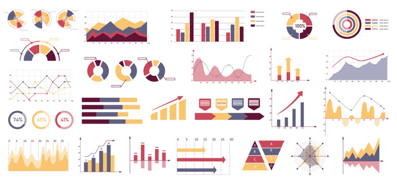 A set of business infographic elements with bar charts, pie charts, line graphs, and diagrams in modern style on a white background. Vector illustration