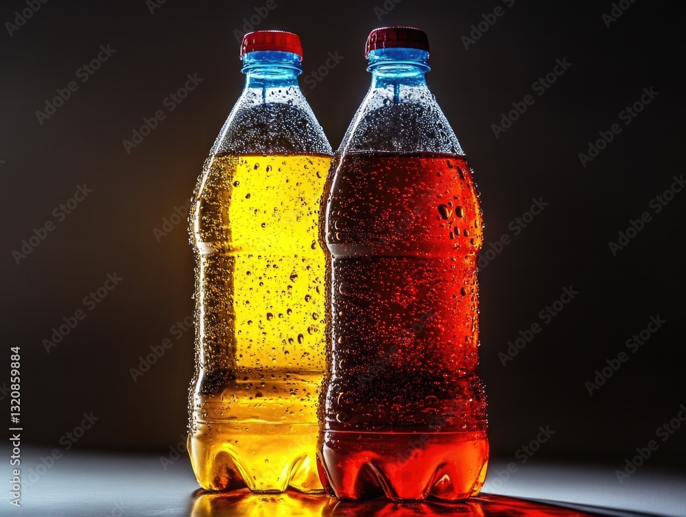 Poster two empty soda bottles sit together on a flat surface