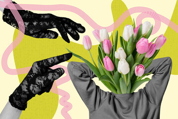 Composite sketch design 3D photo collage of hand wear glove finger touch headless person tulip...
