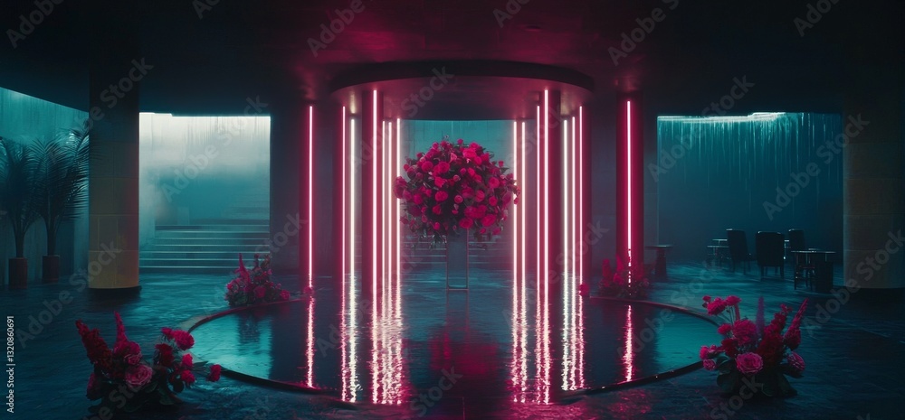 Poster the image is a 3d rendering of a dark and futuristic corridor with neon laser lights, set against a 