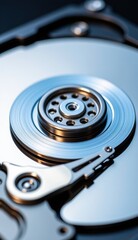 Close-Up of Hard Drive Mechanism with Reflective Surface and Lights