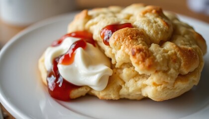 Delicious biscuit recipe with cream and jam home kitchen food photography cozy setting close-up culinary delight