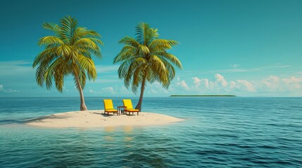 Obraz premium deckchairs under palm trees on a lonely sand island in the middle of the ocean