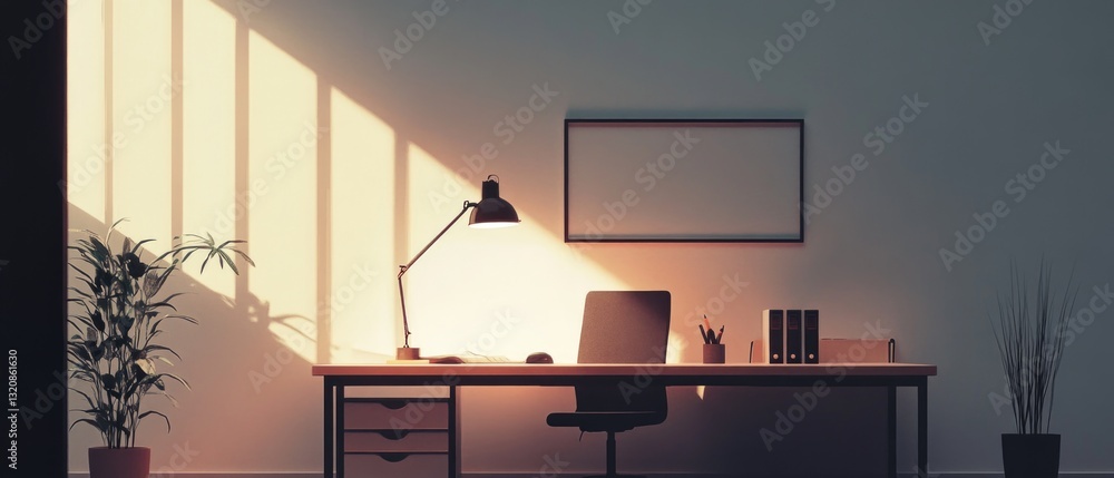 Poster a desk with a laptop and desk lamp, suitable for working or studying