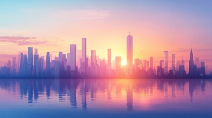 Obraz premium Stunning City Skyline at Sunrise Urban Landscape Waterfront Reflection Modern Architecture