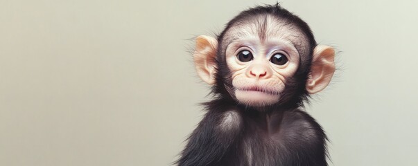 An adorable infant monkey stares intently at the viewer with big eyes