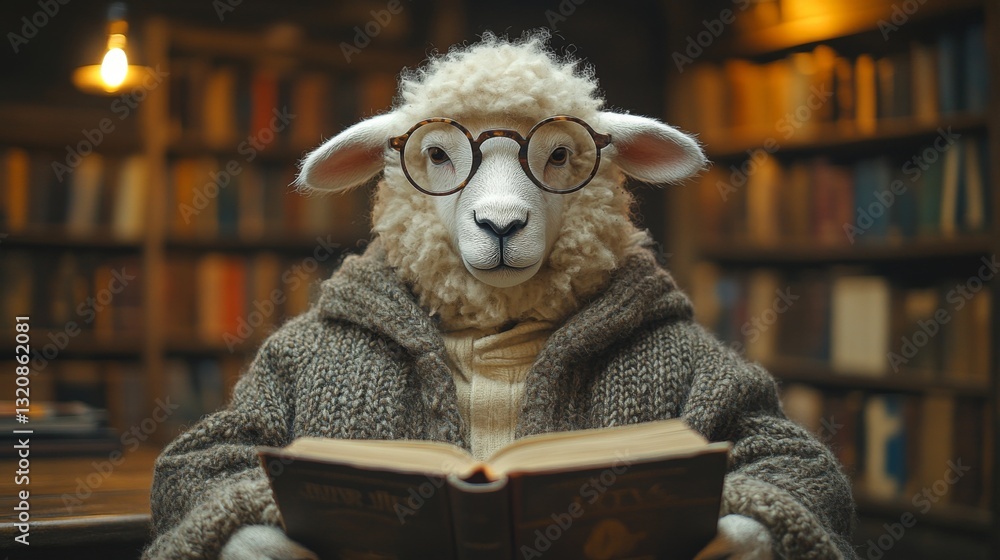 Poster a sheep wearing round glasses sits in a warmly lit library, engrossed in a book. the surroundings fe
