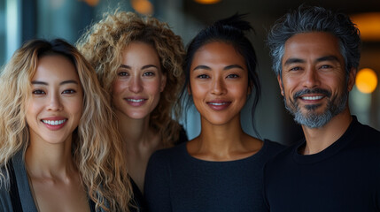 Fototapeta premium Diverse Multiracial Team in Office, Smiling Confident Individuals, Symbolizing Positivity and Unity