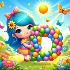 Naklejka premium Cute girl with blue hair holding a colorful balloon letter o in a sunny field