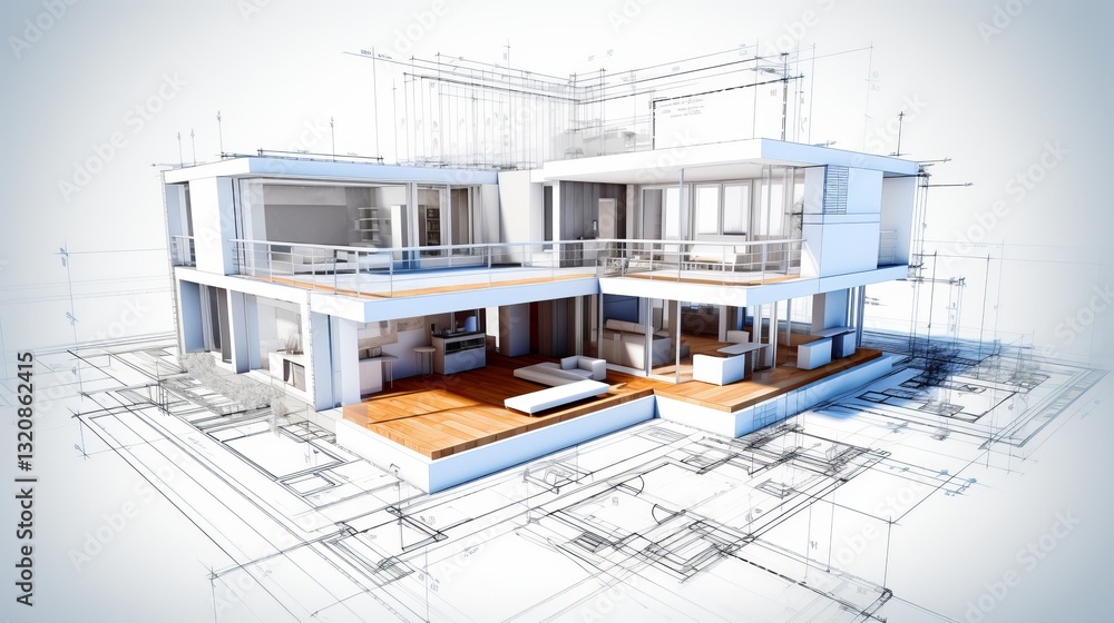 Poster vision of architecture of a 3d model house project with blueprint