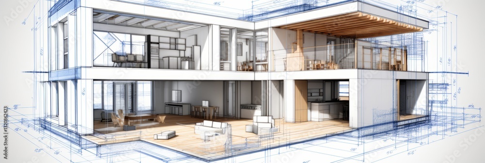 Poster vision of architecture of a 3d model house project with blueprint