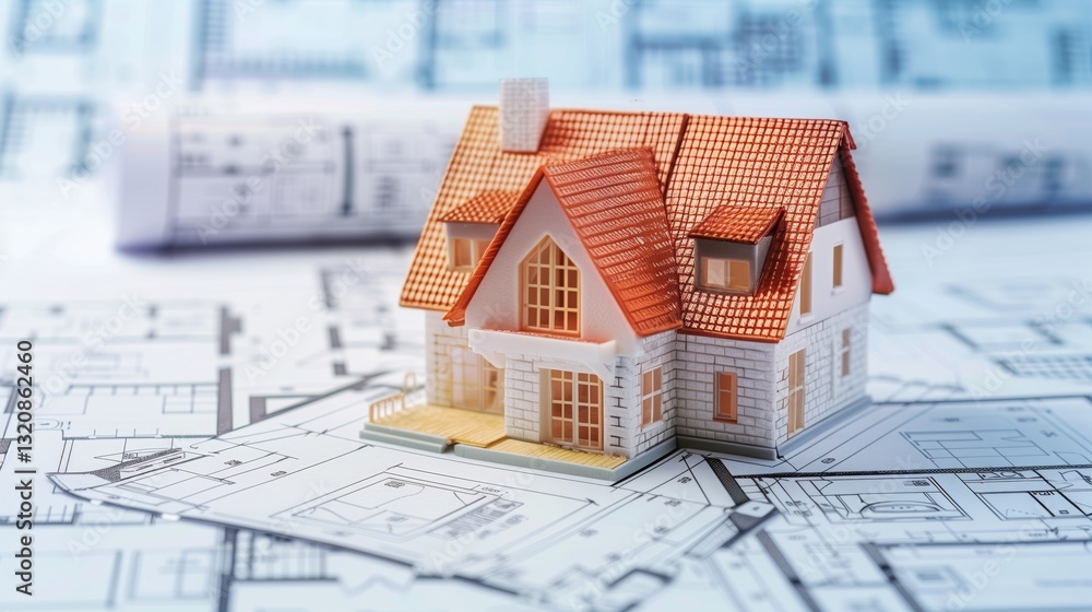 Poster 3d rendering project of new building model house on blueprint plan