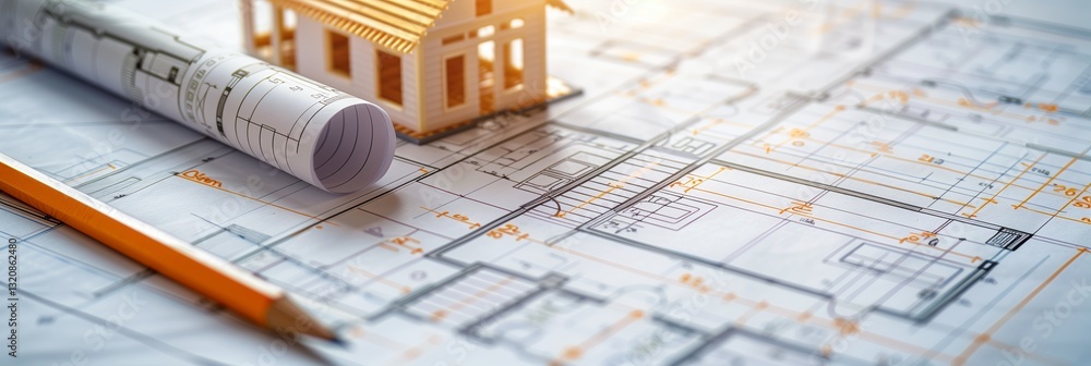 Aufkleber 3d rendering project of new building model house on blueprint plan