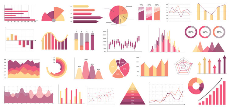 Set of various colorful business charts and graphs in modern flat design on a white background. Concept of data visualization and analytics. Vector illustration