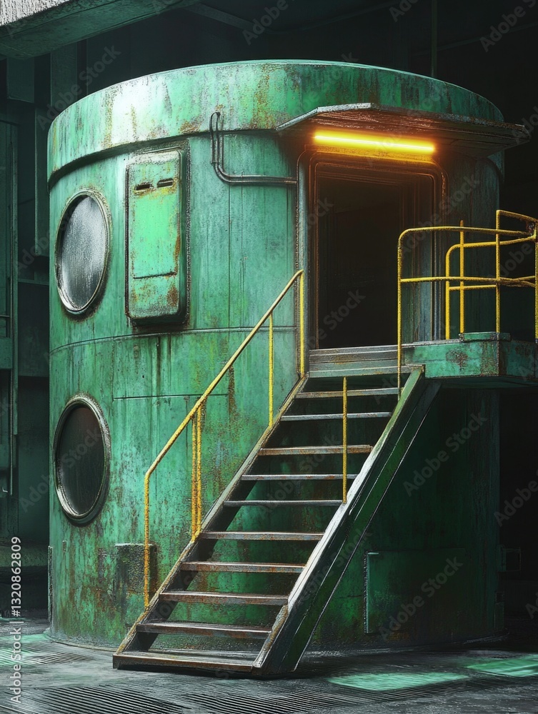 Poster a green building with a staircase leading up to it