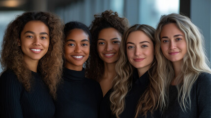 Obraz premium Diverse Multiracial Team in Office, Smiling Confident Individuals, Symbolizing Positivity and Unity
