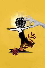 Vertical art trend collage of anonym businessman instead head clock regime expire limit schedule...