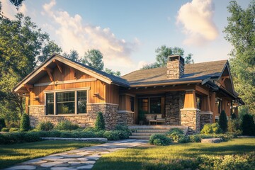 A Charming Rustic Home Nestled In A Serene Landscape Bathed In Warm, Golden Sunlight, Showcasing Its Inviting Stone And Wood Exterior