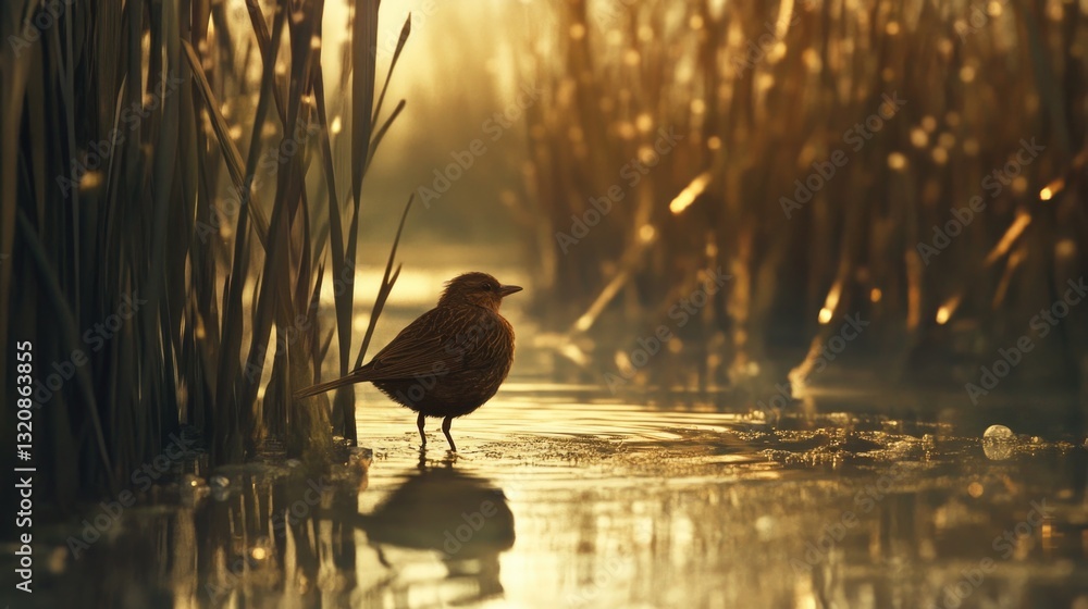 Poster a bird wading in shallow water, perfect for use as a symbol of calmness or serenity