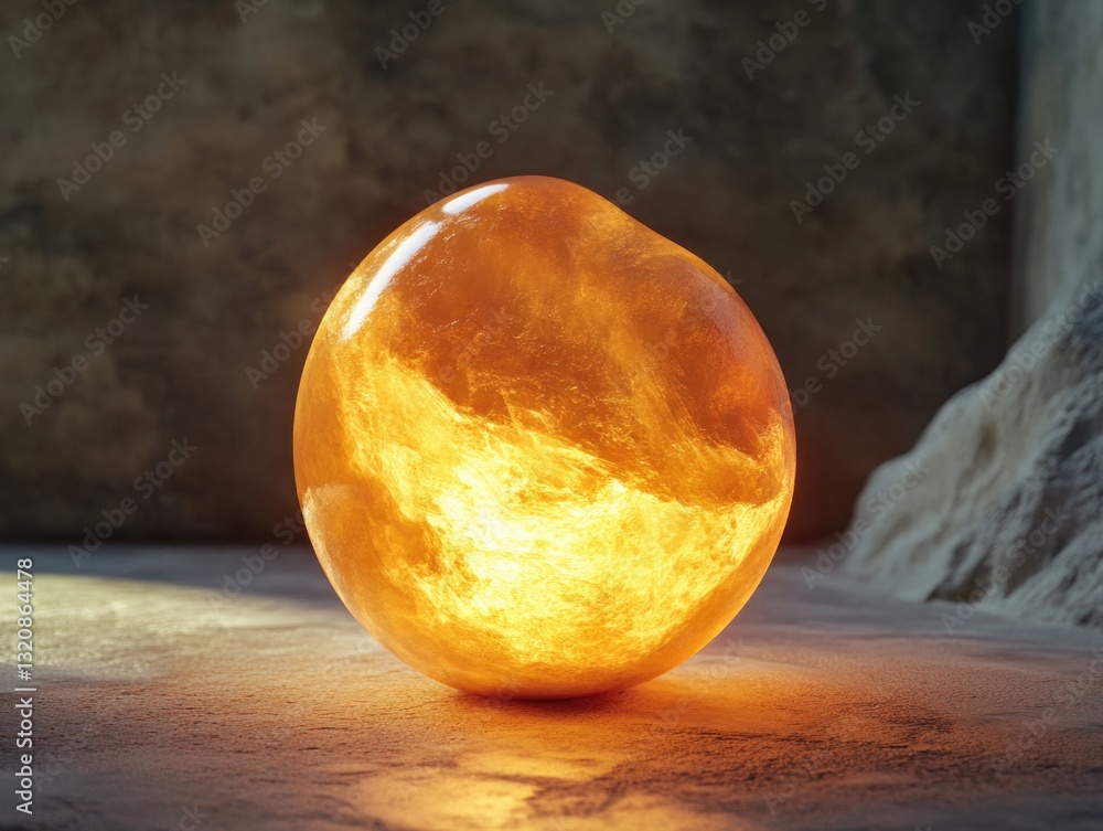 Poster A large orange ball sitting on a table with a simple and clean background